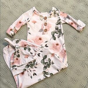 Caden Lane Pink Floral Sleep Gown with Matching Hat